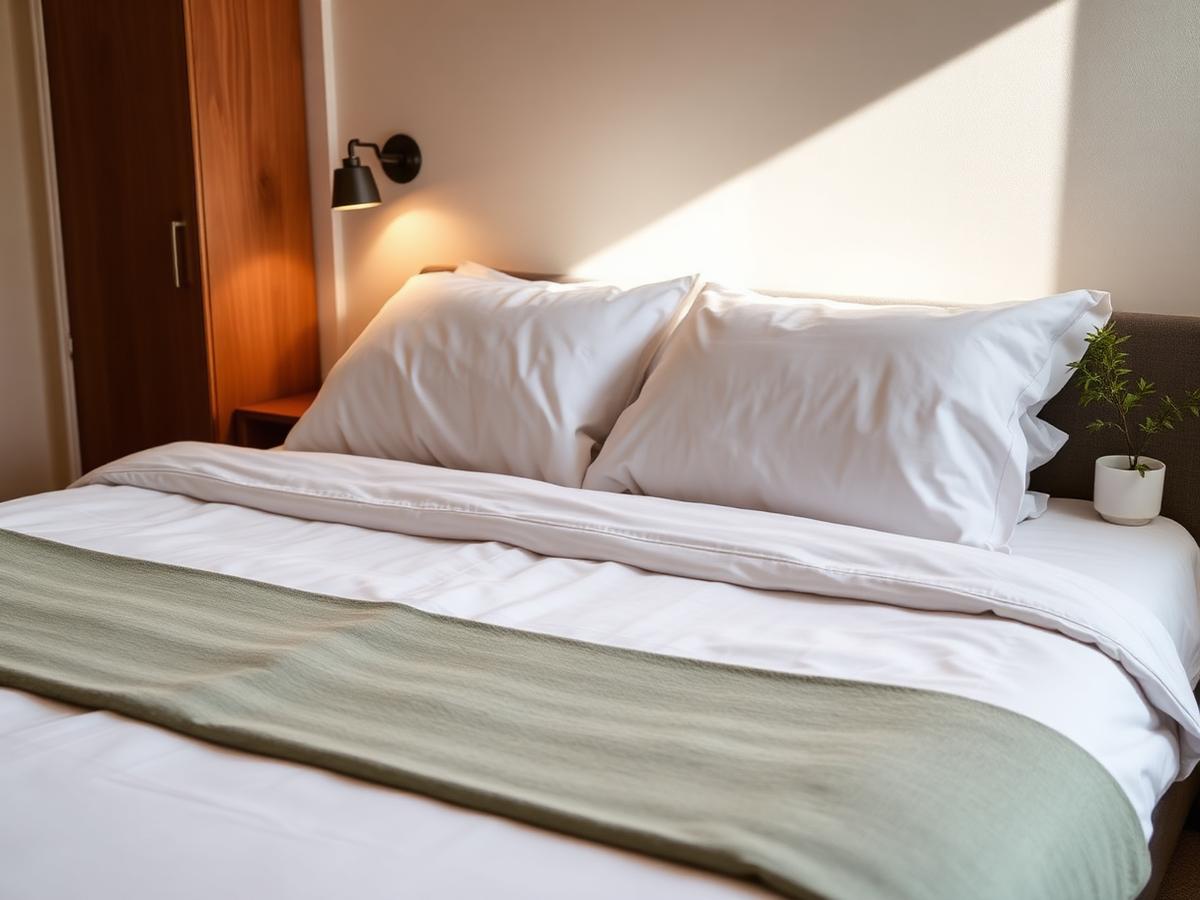 Letto rifatto con biancheria fresca in un appartamento short-let